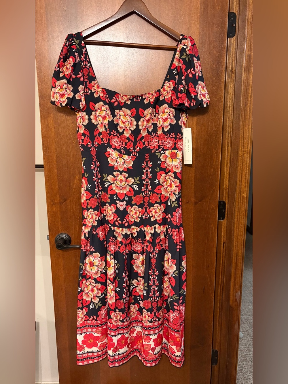 Adrianna Papell Red Floral Print Puff Sleeve Midi Dress - 14 - Picture 8 of 16